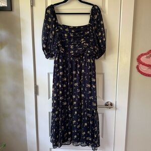 Lauren Conrad Chiffon Dark Blue Dress with Floral Accents XL